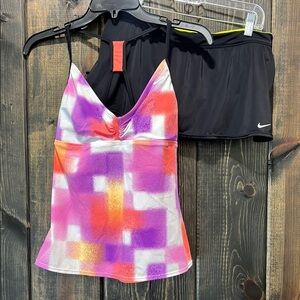 Nike Swim Suit 12 Tankini 2pc. Skirted Bottom Black Multi Color Tank Top Strappy